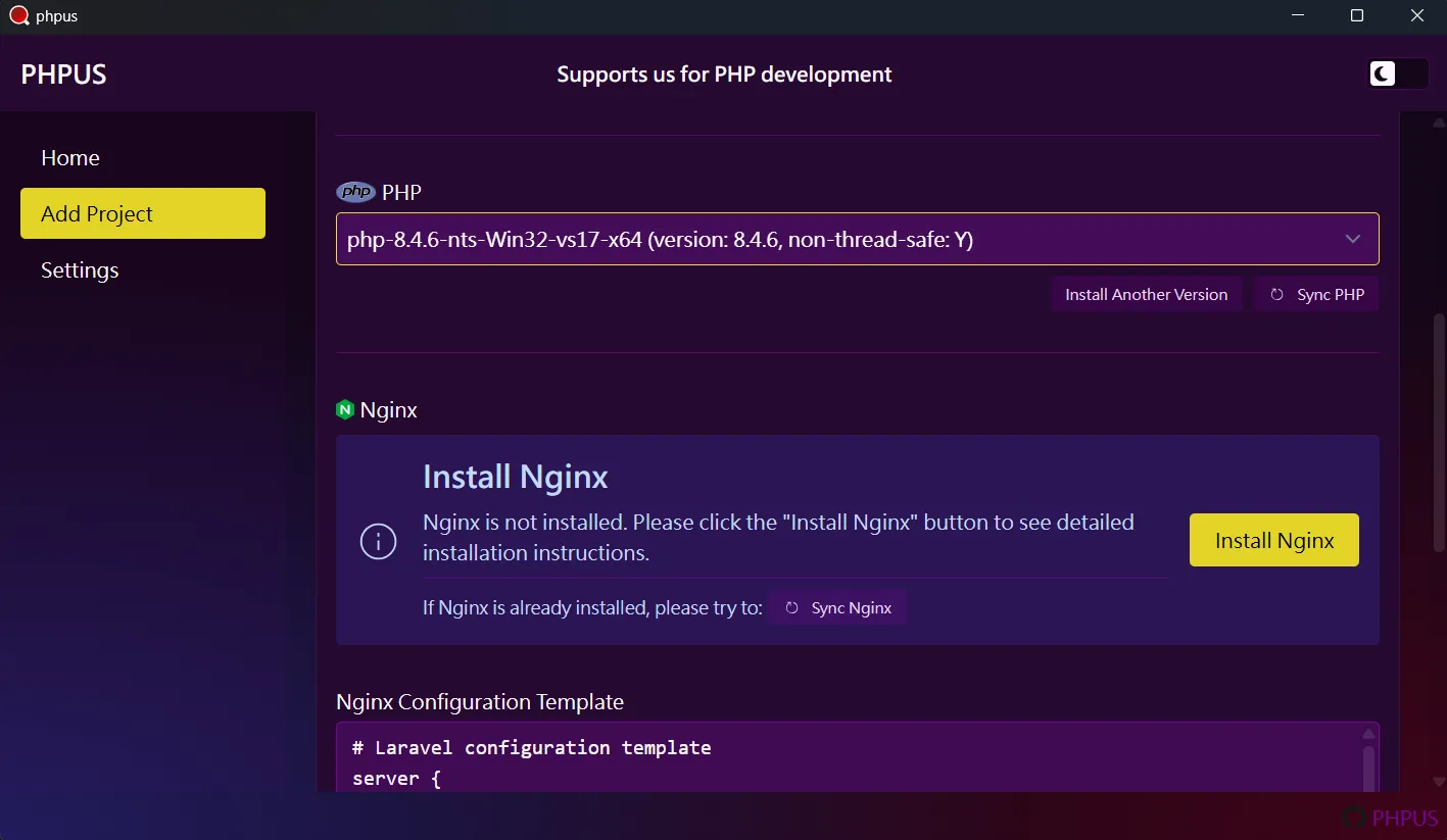 add project - choose PHP version.