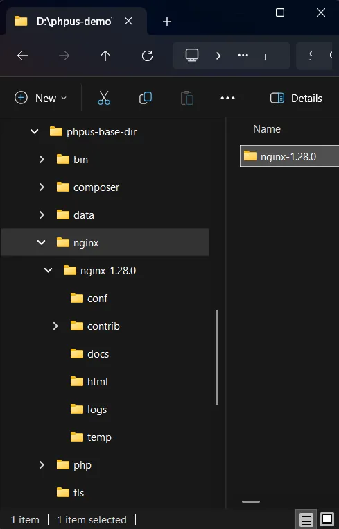 Nginx installation - step2 extract Nginx zip file and show php directory structure.