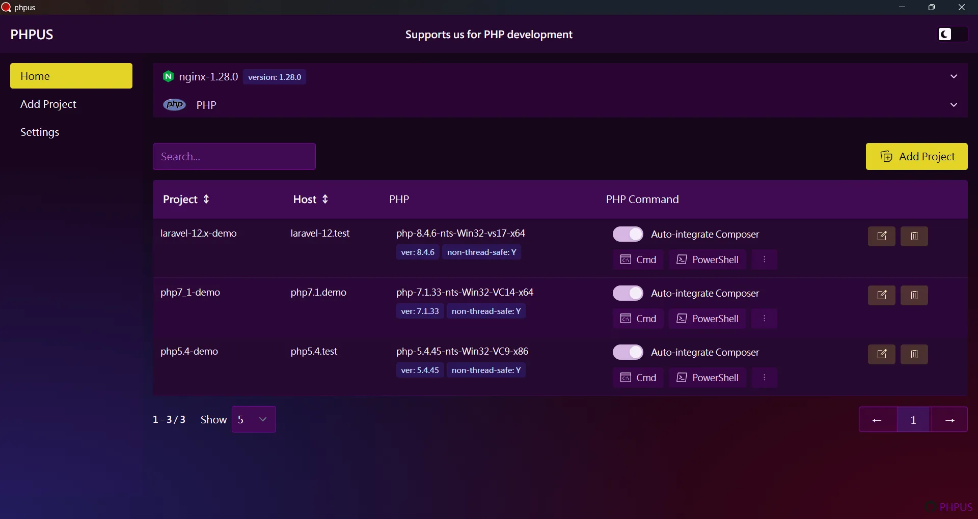 PHP multi-version - home page with three projects table.